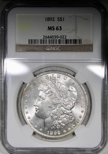 1892 Morgan Dollar NGC MS63 KEY DATE $1 Mostly White Coin