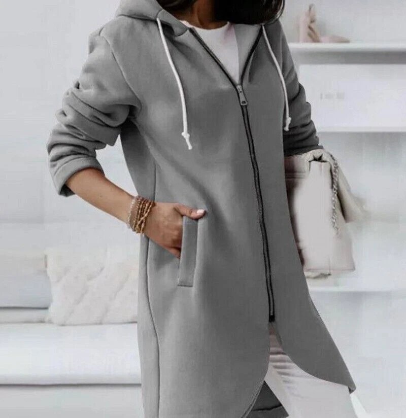 Women Ladies Long Hooded Hoodie Zip Up Pocket Jumper Coat