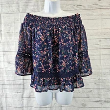 Skies Are Blue Womens Off The Shoulder Top Sz Small Petite Blue Pink Floral