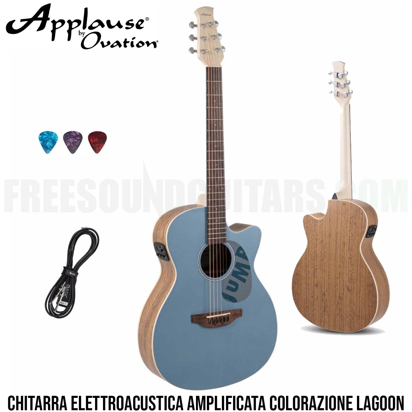 Ovation Applause Jump OM Chitarra acustica amplificata Lagoon + Plettri e cavo
