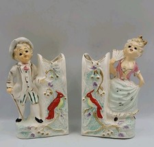 Victorian Boy & Girl Bud Flower Vases Hand Painted Japan Vintage 