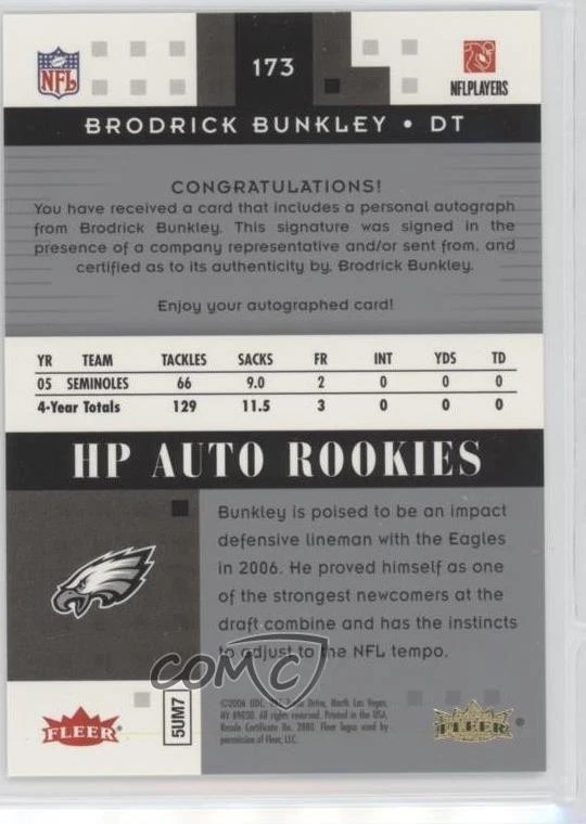 2006 Fleer Hot Prospects HP Rookies /299 Brodrick Bunkley #173 Rookie Auto RC - Image 2 of 2
