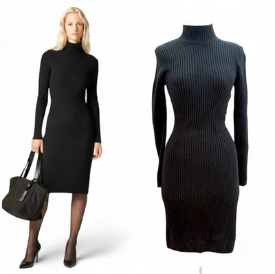 State Cashmere Black Ribbed Mock Neck Old Money Quiet Luxury Sweater Dress Small