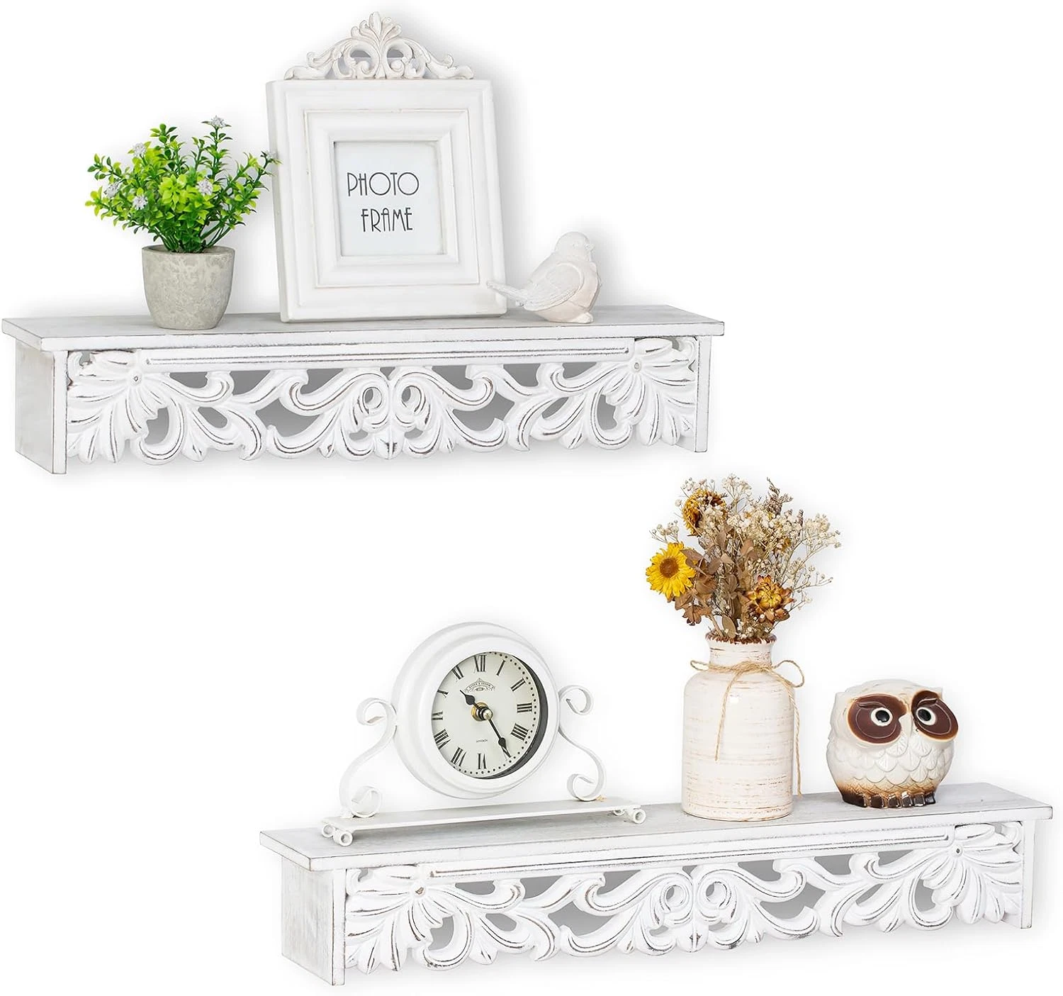 Rustic White Wall Shelves - Vintage Floating Farmhouse Decor (24"+19")