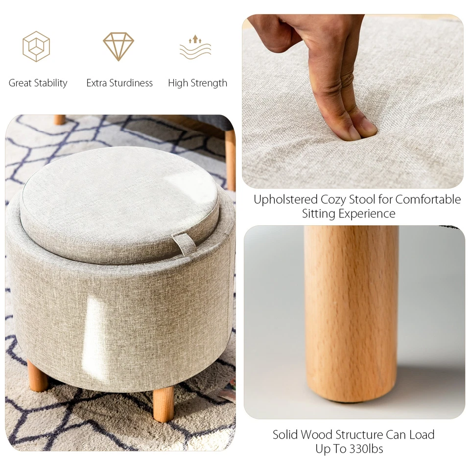 Costway Round Storage Ottoman w/Wood Leg w/Tray Top Accent Padded Footrest Beige - Image 4 of 4