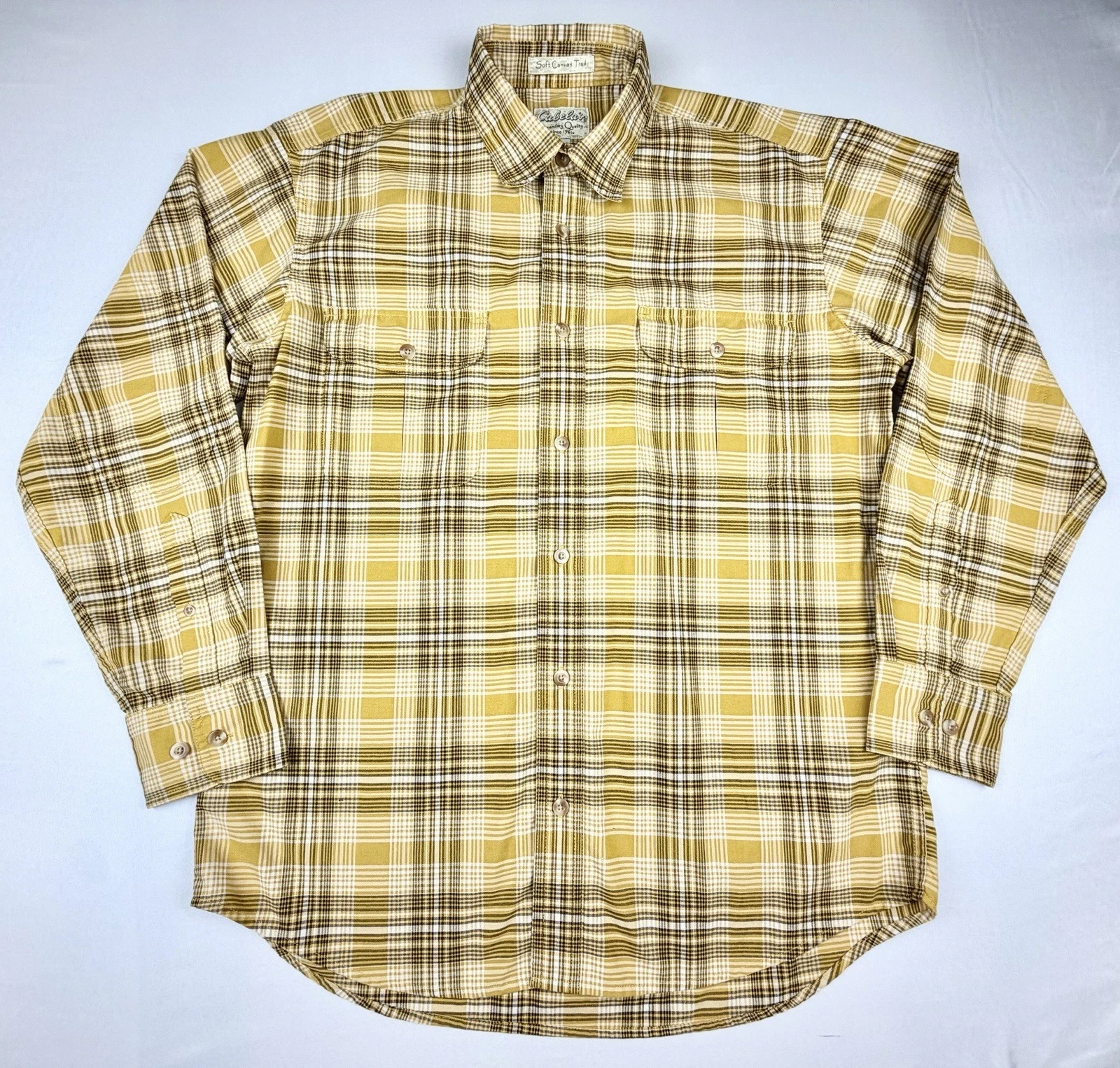 Cabela’s Soft Canvas Trail Shirt Mens M Yellow Plaid Button Down Long Sleeve