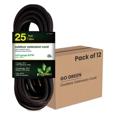Go Green Power Inc. 25ft Outdoor Extension Cord, Black, Pack of 12-14/3 SJTW,...