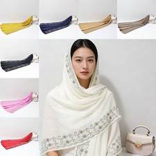 Muslim Women Pearl Chiffon Wrap Shawl Scarf Embroidered Flower Hijabs Turban