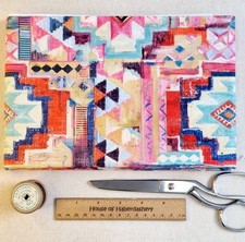 FABRIC REMNANT-Aztec Tile Geo Print Coral Pinks & Blue Canvas Material-1m Length