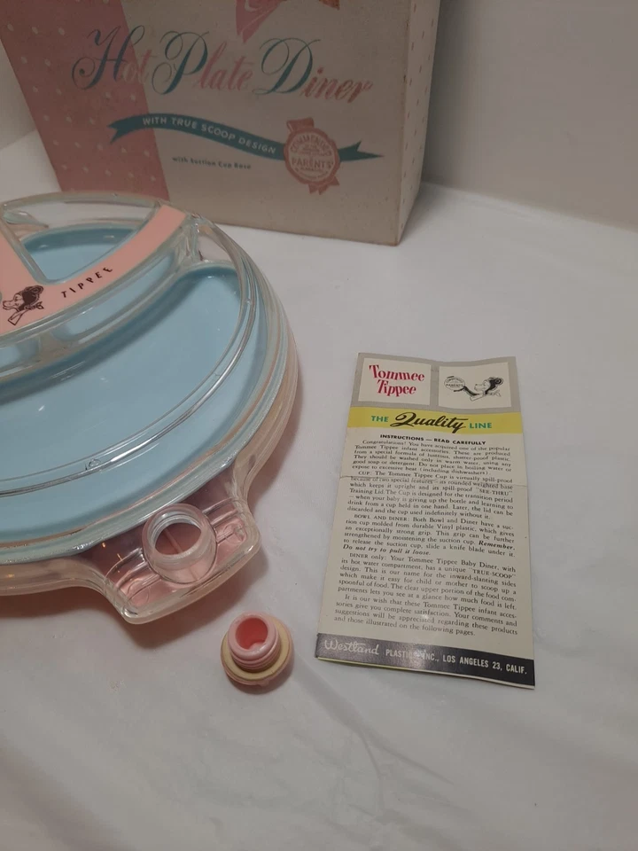 复古蹒跚学步的盘子 婴儿喂熊 Tommee Tippee 粉红色 蓝色 1950 年食物加热器 — 第 4/4 张图片