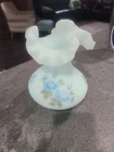 Vintage Fenton Ruffle Vase Blue Roses on Blue Satin Art Glass 6 3/4" Signed