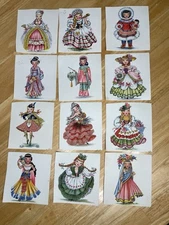 VTG 1960s Dolls of the World Illustrations On Paper - Hand Cut from Book? SEE