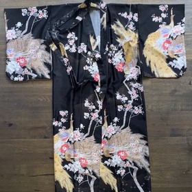Vintage Made in JAPAN Kimono Robe -Peacock Bird +Belt Geisha Womens Lounge Patio
