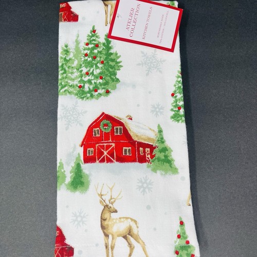 Christmas 2 Pack Hand Kitchen Towels 16”x26” Reindeer Red Barn Snow Trees NEW