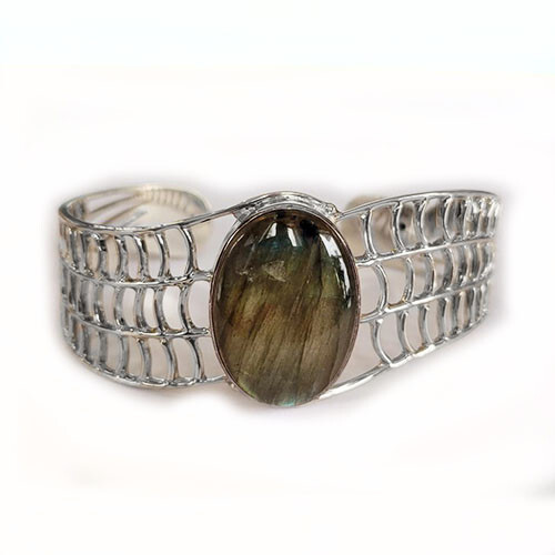 Offerings Sajen 925 SS Labradorite Cuff Bracelet with Black Star & Moonstone - Picture 1 of 2