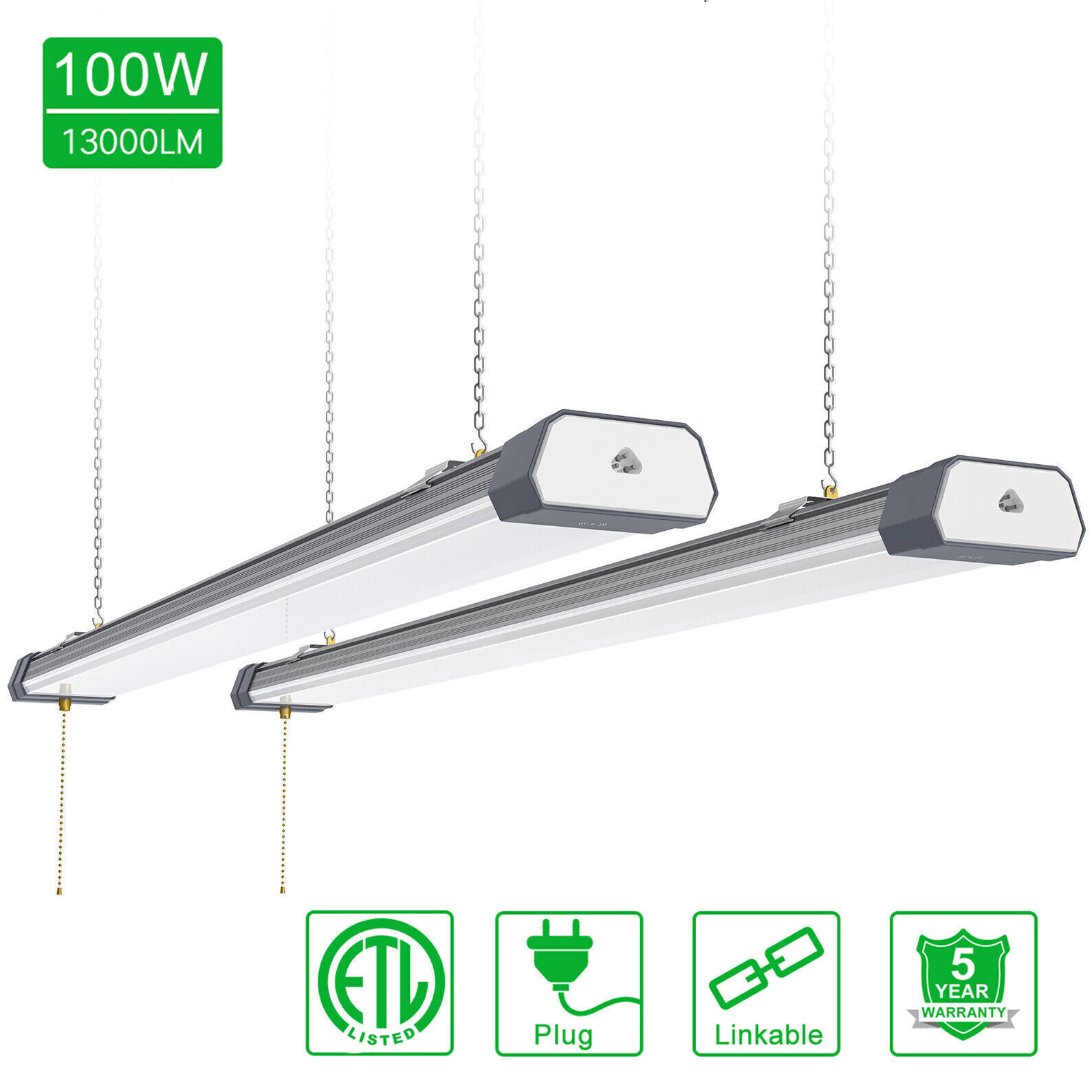 2 Pack LED Shop Light 100W For Office Workshop Warehouse Lights Fixture AC120V
