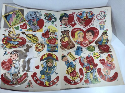 Vintage Childrens Valentines Lot of 15 Small Die-Cut Some Still Attached 60-70 s
