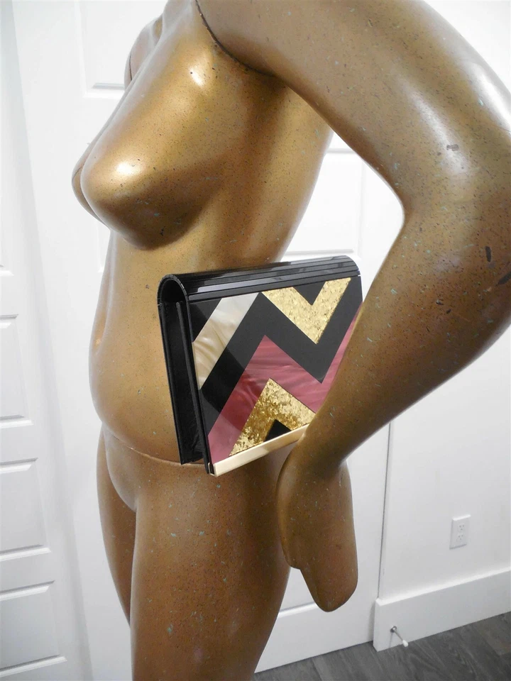 Bolso sin asas convertible Rafe abstracto acrílico cuero negro cadena dorada Foto 4 de 4