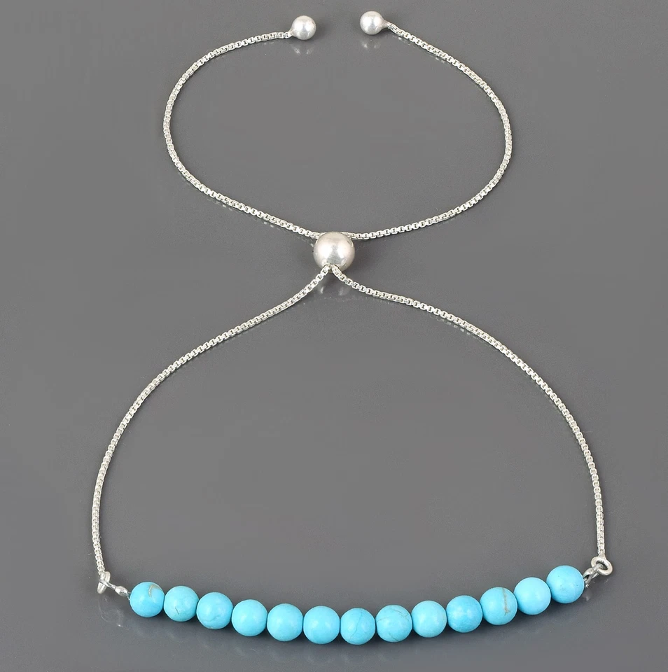 Handgefertigt Natürlich Blau Türkis Perlen 925 Silber Bolo Kette Slider Armband - Bild 2 von 4