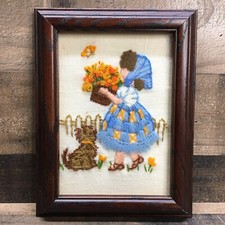 Vintage Framed Needlepoint Portrait Of Girl Picking Flowers W/ Dog Completed