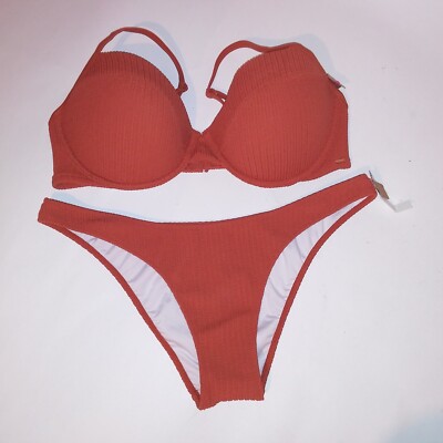 Victoria Secret PINK Swim Bikini XXL Top & Bottom Ginger Ribbed Push Up Solid