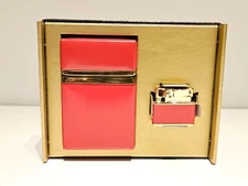 VINTAGE NOS LADIES LUXURY SET GOLD AND RED TONE CIGARETTES PETROL LIGHTER + BOX