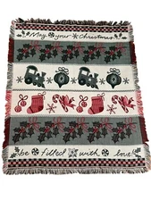 Mohawk Home Christmas Woven Tapestry Throw Blanket Candy Cane Stocking Holly