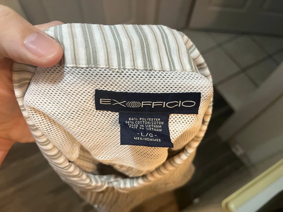 ExOfficio Hombre Blanco, Gris y Beige Ventilado Manga Corta Camisa Grande L Usada en Excelente Condición Foto 2 de 4