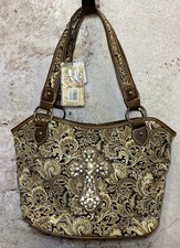 New Montana West Rhinestone Embossed Western Handbag Brown Paisley Cross P3