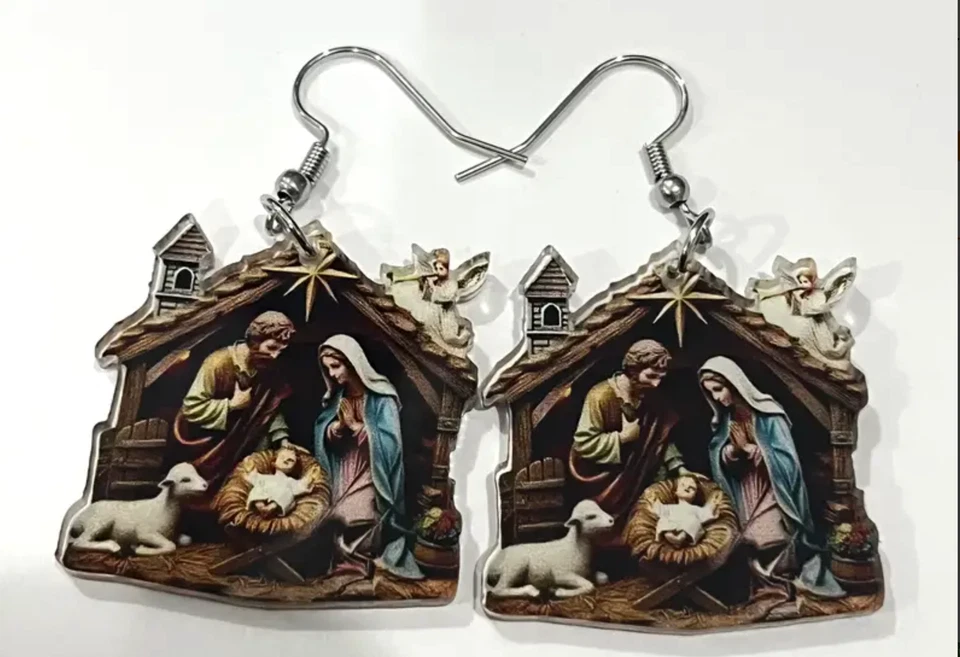 1 par de pendientes colgantes vibrantes de belén acrílico multicolor 2D con Foto 3 de 4
