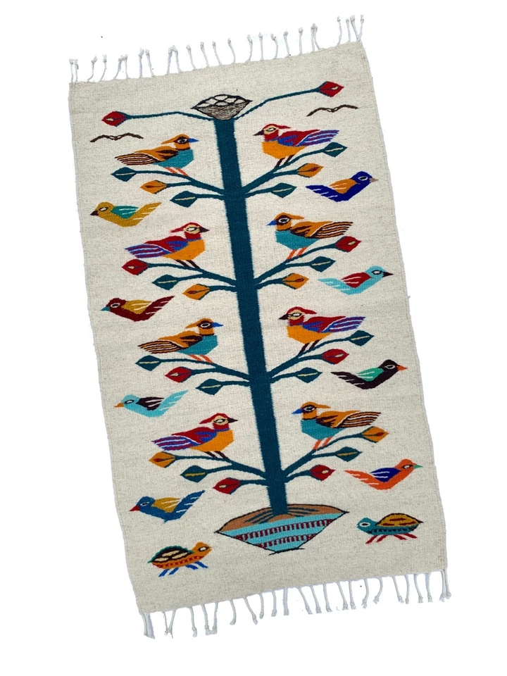Alfombra de lana zapoteca tejida a mano Tree of Life, tapiz de acento con motivo de pájaro 23x39 Foto 3 de 4