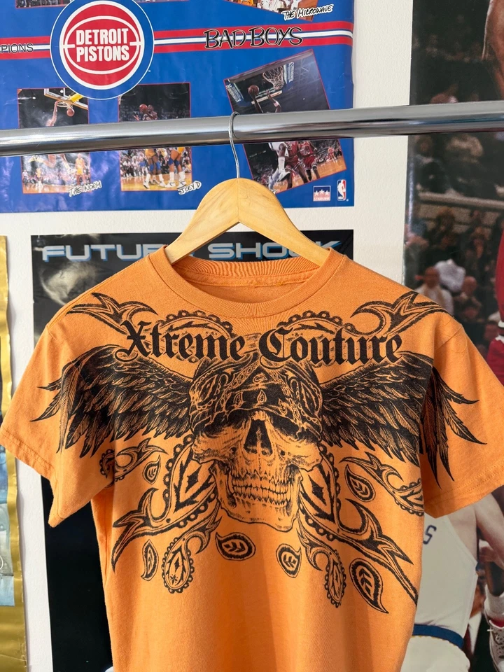 Camiseta De Colección Y2K Xtreme Couture Cray Calavera Naranja Estilo Aflicción Talla Pequeña Foto 3 de 4