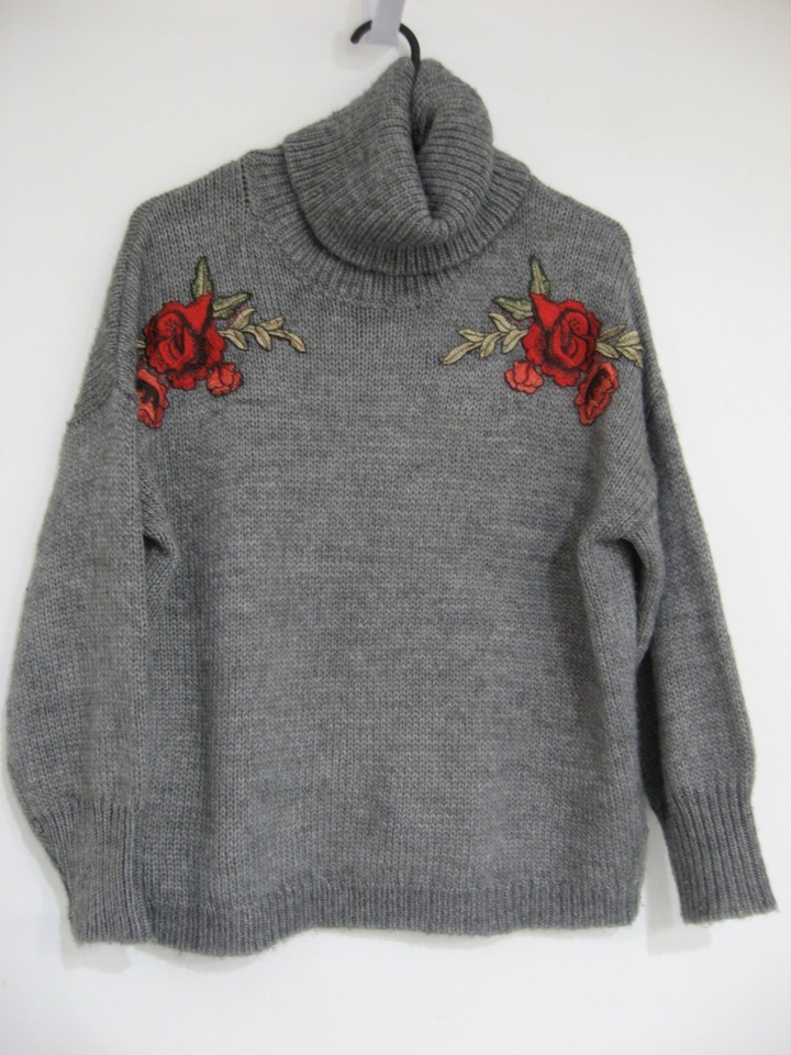 DOTTI GREY LONG SLEEVE ROLL NECK JUMPER WITH ROSE APPLIQUE SIZE S