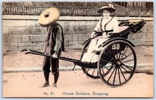 Postcard Hong Kong Chinese Rickshaw Woman China MA & Co Pub Tinted C189