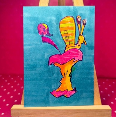 Original hand-drawn ACEO Fall Autumn Apple Worm Snail Ladybug ArtByJewellTatum