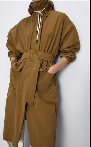 ZARA Belted Parka With Hood Trench coat Olive Sz- M NWT