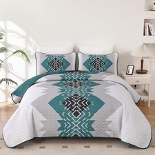 Queen King Multi-Color Boho Quilt 3-Piece Aztec Geometric Coverlet All Season