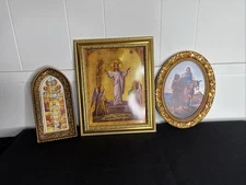 Christmas 3 Pcs Small Gold Plastic Picture  Framed Set Of Jesus
