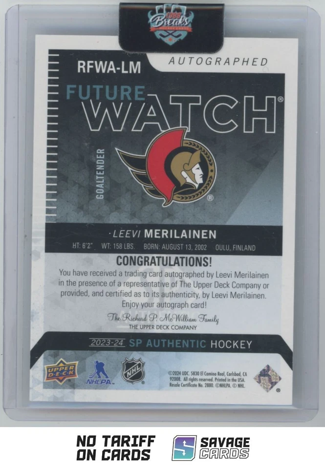 2023-24 SP Authentic Retro Future Watch Auto Leevi Merilainen /699 . #RFWA-LM - Image 2 of 3