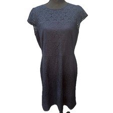 Ann Taylor Factory Dress Womens Lace Cap Sleeve Overlay Fit & Flare 10 Navy Blue