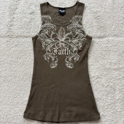Y2K  Faith Cross Tattoo Print Tank Top Rhinestone  00s khaki