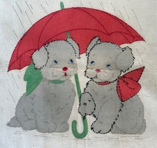 Vintage Tinted Embroidery Vogart 1930's Pillow Top Panel Puppies Dogs 2 Finish