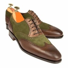 Handmade Mens Two tone wing tip formal shoes, Mens win tip leather dress shoes
