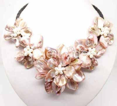 Handmade Freshwater Pearl pink 5 Sea Shell Flower Leather Necklace 18 ...