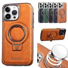 For iPhone 17 Pro Max 16E 15 14 13 12 PU Leather Mag Safe Ring Stand Screen Case