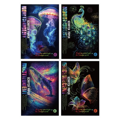 4PCS Scratch Art For Kids & Adults Noctilucent Scratch Rainbow Painting Art Pape