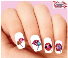 Waterslide Nail Decals Set of 20 - Lollipop Lips Lipstick Tongue Assorted
