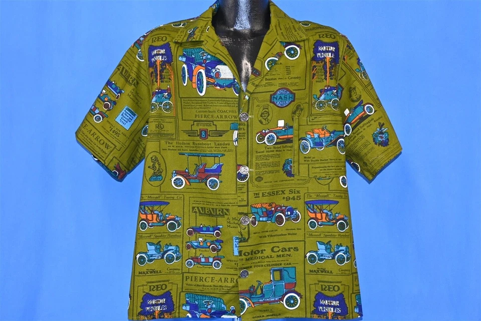 Camisa masculina vintage anos 60 PIERCE ARROW AUBURN MOTOR CARS ACAMPAMENTO VERDE BOTÃO PARA BAIXO GG - Imagem 2 de 4