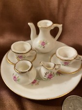 DOLLHOUSE TEA SET 8 PC MINI PORCELAIN TEA POT CUPS SUGAR CREAMER TRAY 3.5  WHITE