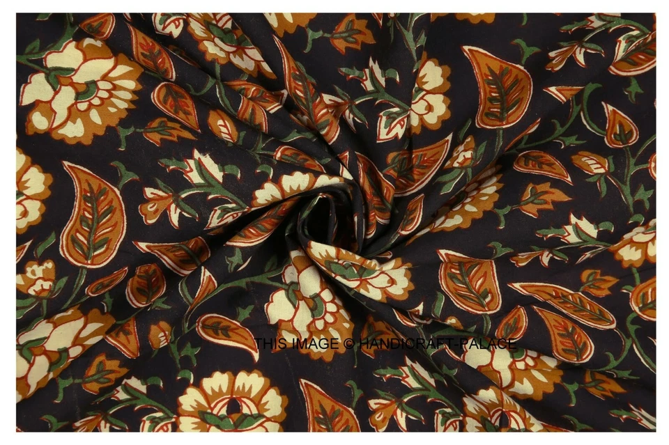 Indian Cotton Running 25 Yard Black Floral Fabric Hand Block Print Printed Loose - Image 2 of 4